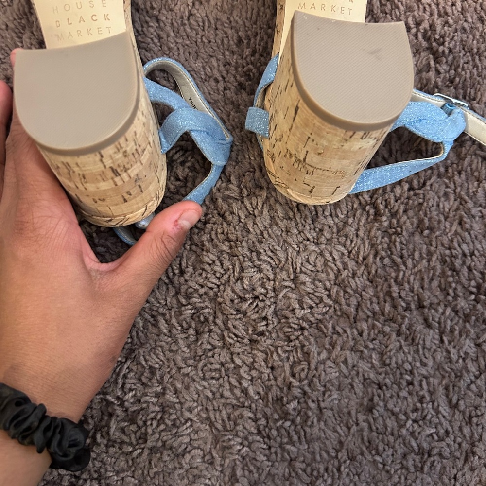 2 FOR $25White House Black Market Denim Cork Sandals Heels Chunky Chambray 6 - Picture 6 of 7